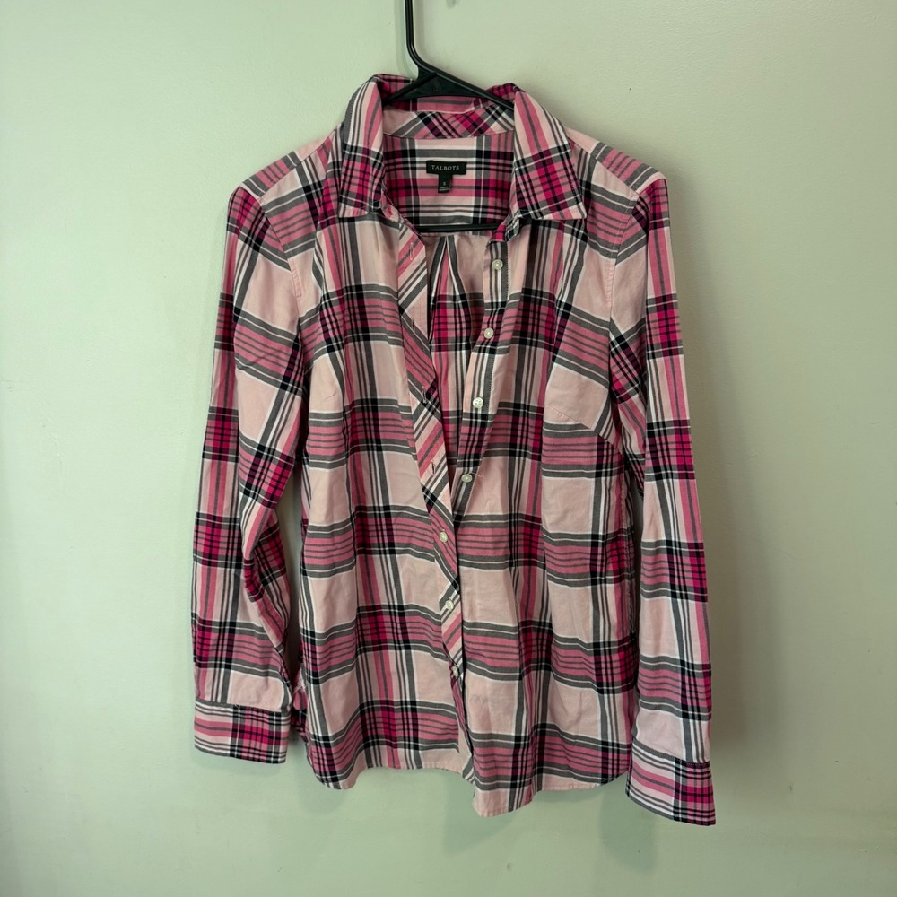 Talbots Womens Small Pink Black Plaid Long Sleeve Button Down Shirt Cotton Blend